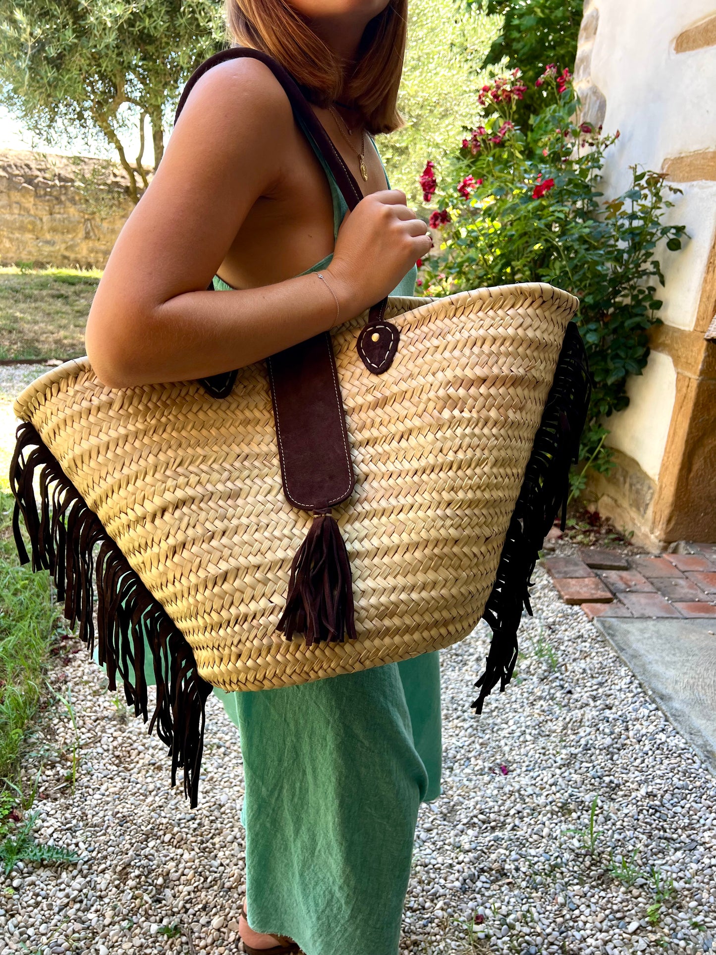 Panier à franges en daim