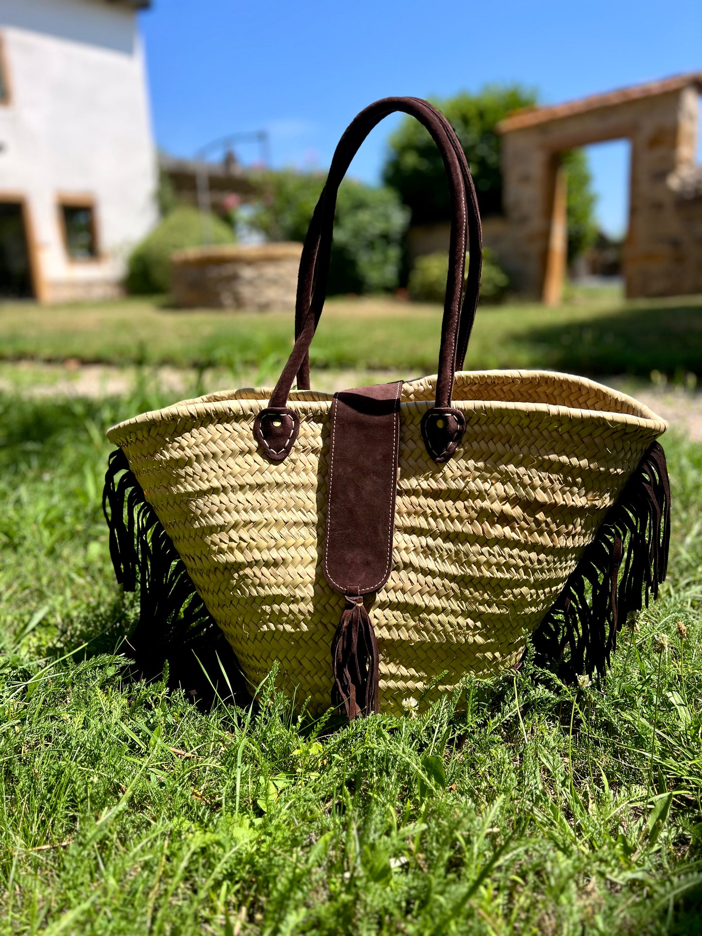 Panier à franges en daim