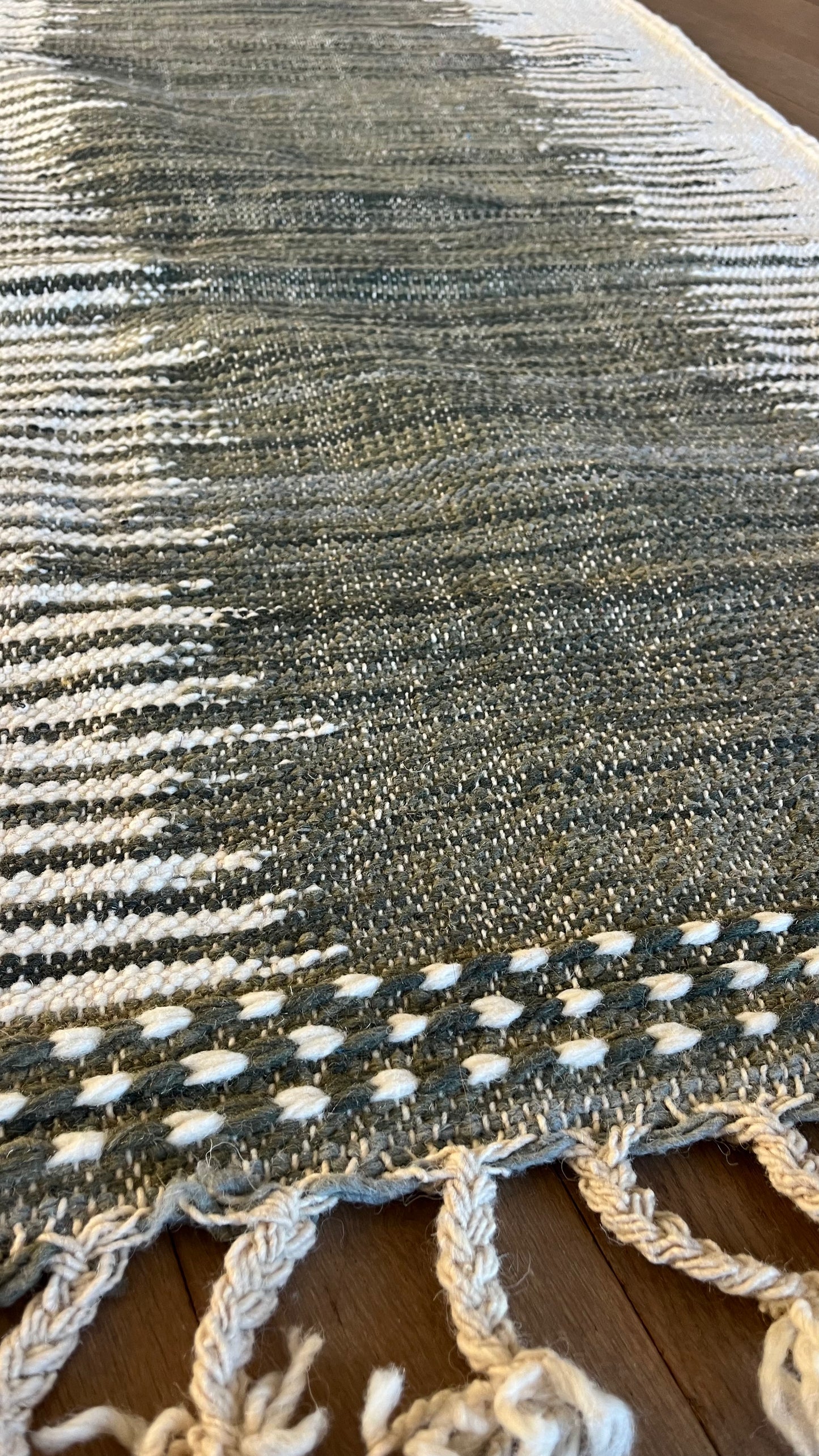 Tapis de couloir kilim Boujad crème, vert et gris 260x78