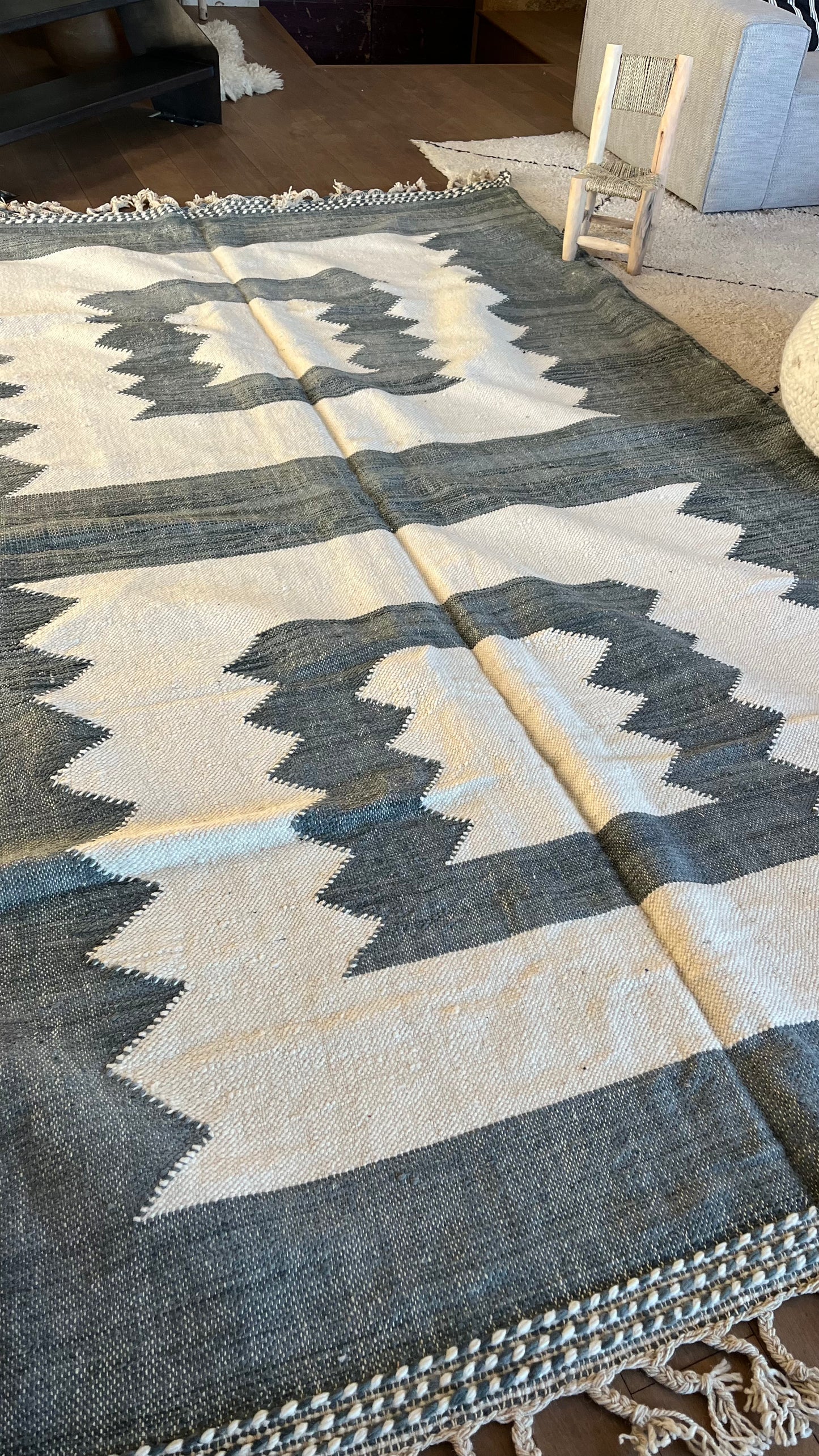 Tapis kilim Boujad crème et bleu/gris 325x212