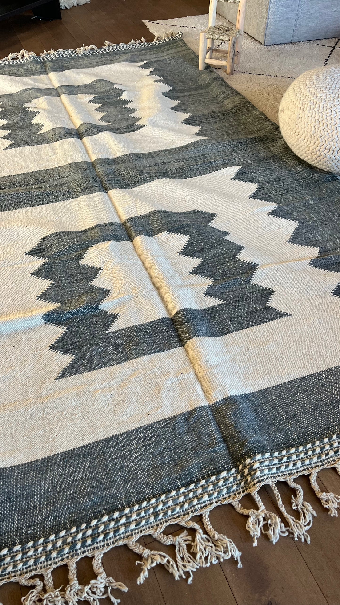Tapis kilim Boujad crème et bleu/gris 325x212