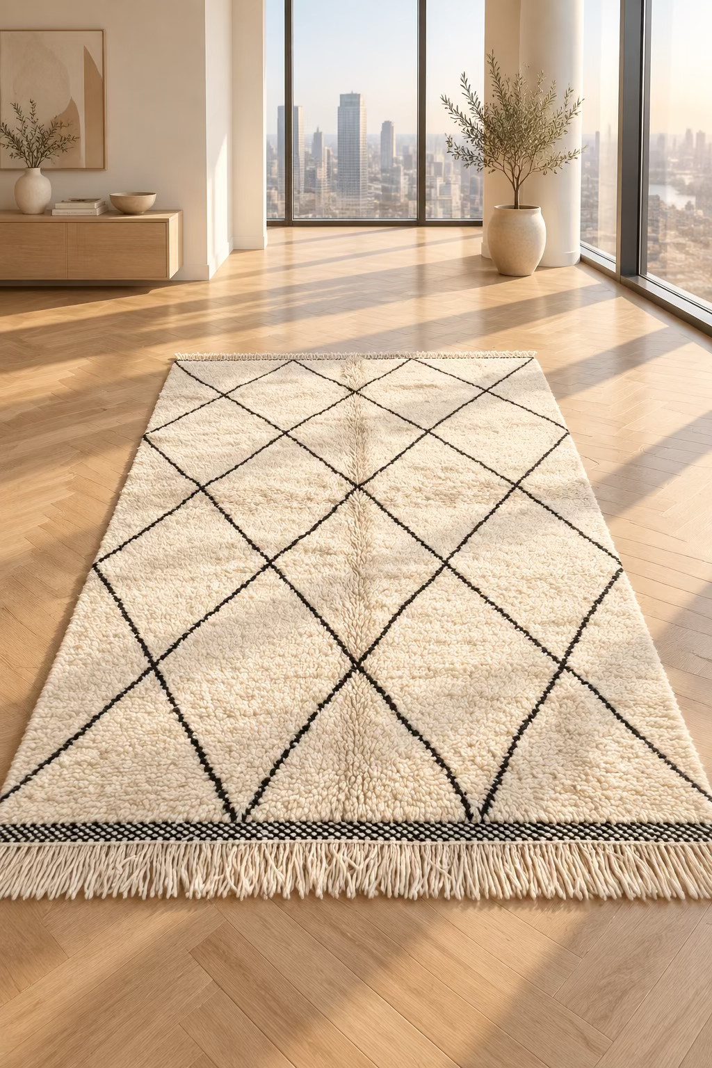 Tapis Beni Ouarain crème à losanges noirs 226x150