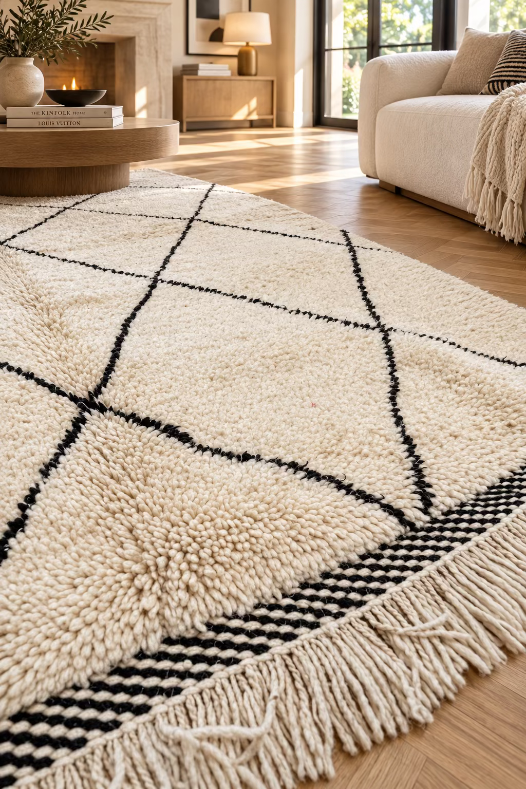 Tapis Beni Ouarain crème à losanges noirs 226x150