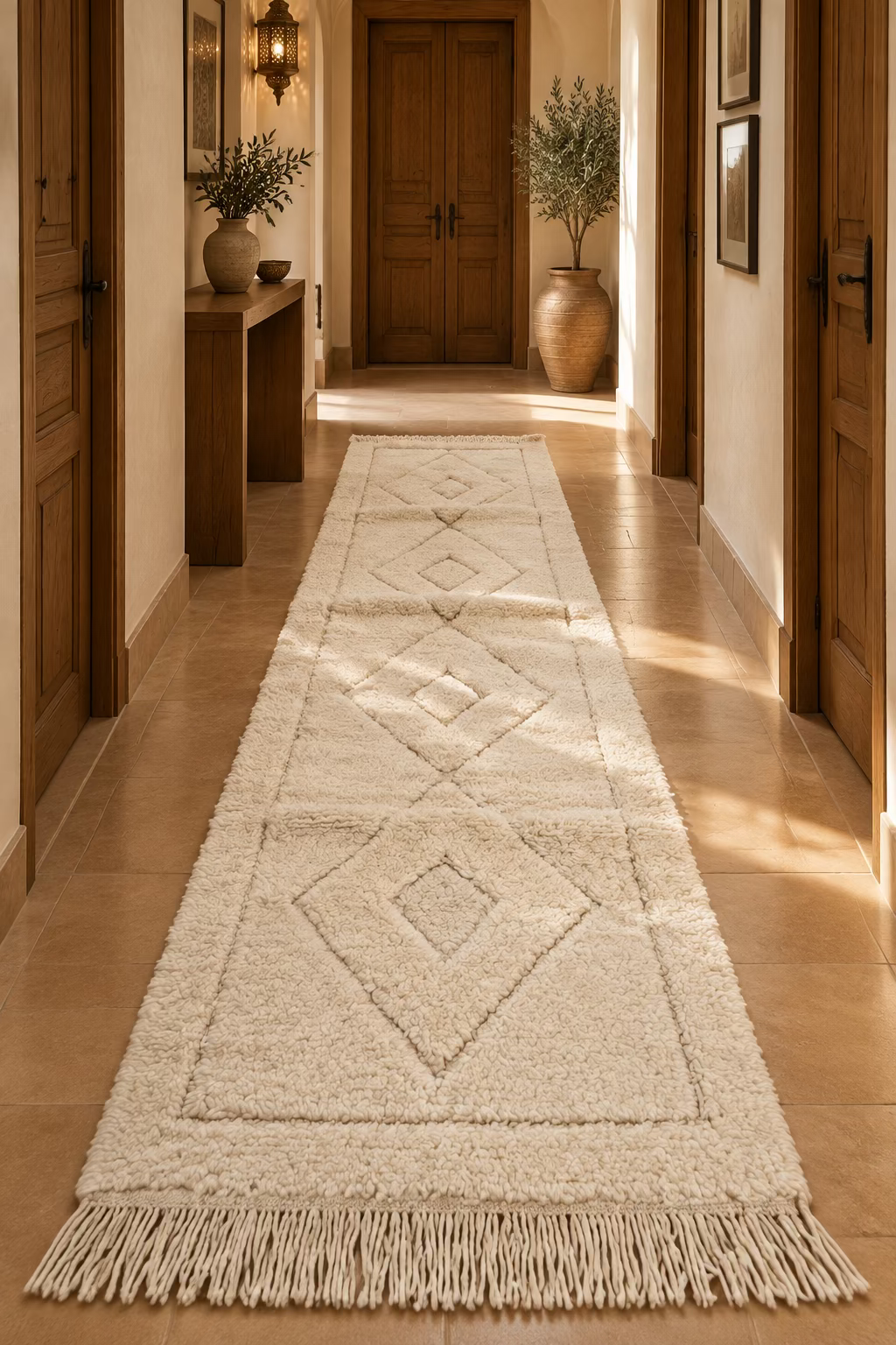 Tapis de couloir à losanges Beni Ouarain crème  245x77 cm