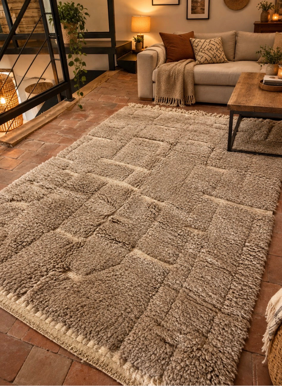Tapis Beni Ouarain camel à dessins géométriques 255x165cm