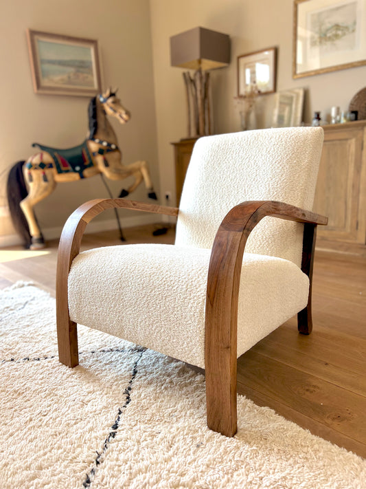 Fauteuil bois et tissu bouclette